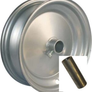 8"x65mm Steel Barrow Rim, 1" Plain Bore, 75mm Hub Length, Locking Stud, 1">Â¾" Steel Reducing Bush