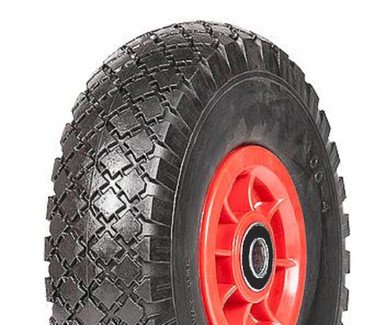 ASSEMBLY - 4"x55mm Red Plastic Rim, 300-4 Solid PU Diamond Tyre, 15mm HS Bearings - Pre-assembled