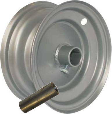 media__44187.1788127413.386.513 6"x65mm Steel Barrow Rim, 1" Plain Bore, 75mm Hub Length, Locking Stud, 1">¾" Steel Reducing Bush